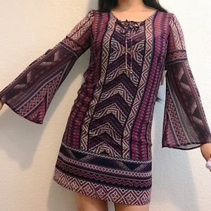 NWT boho printed long flowy wide sleeve mini dress